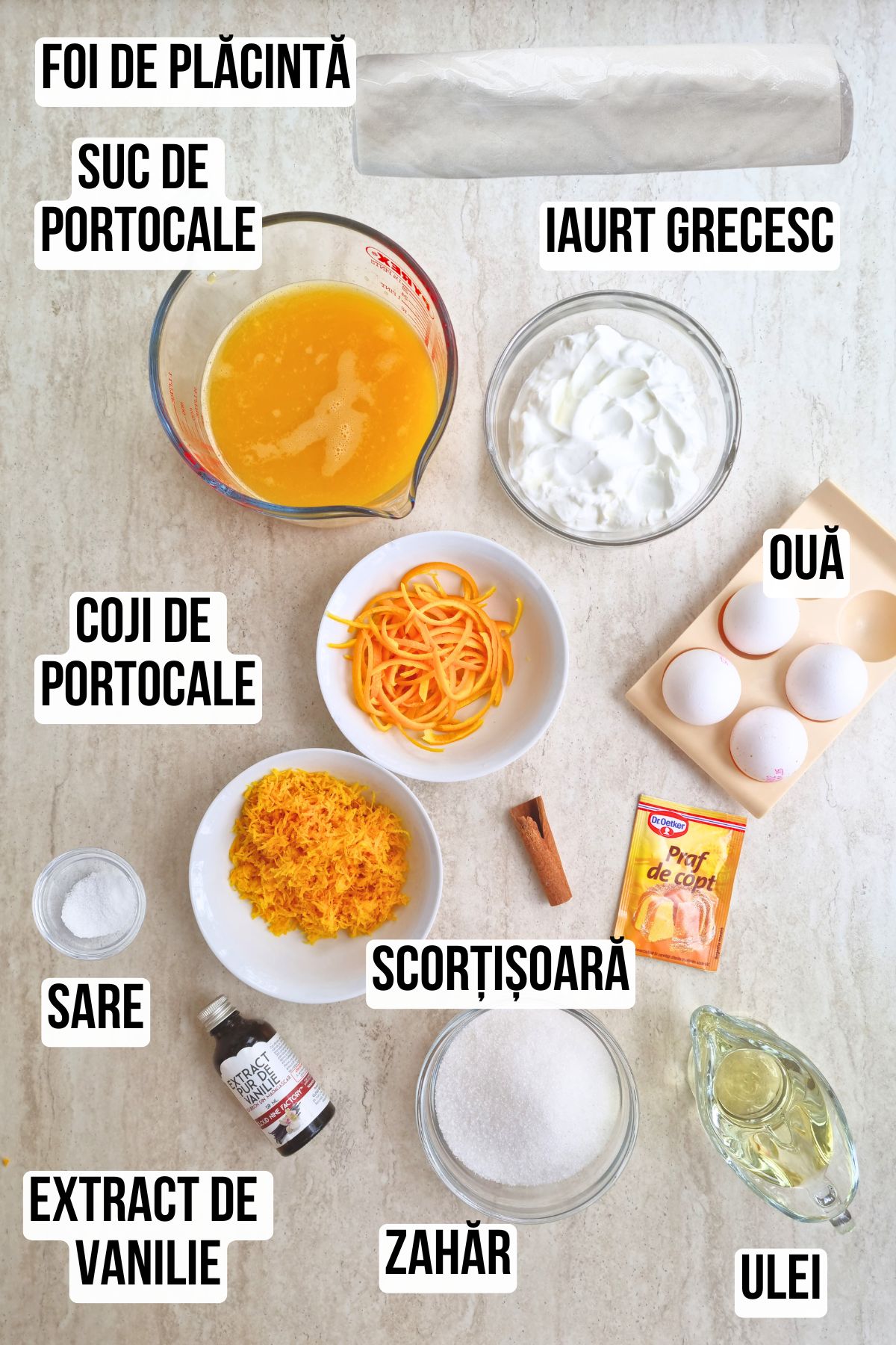 Lista de ingrediente cu etichete pentru reteta de placinta greceasca cu iaurt si portocale - portokalopita
