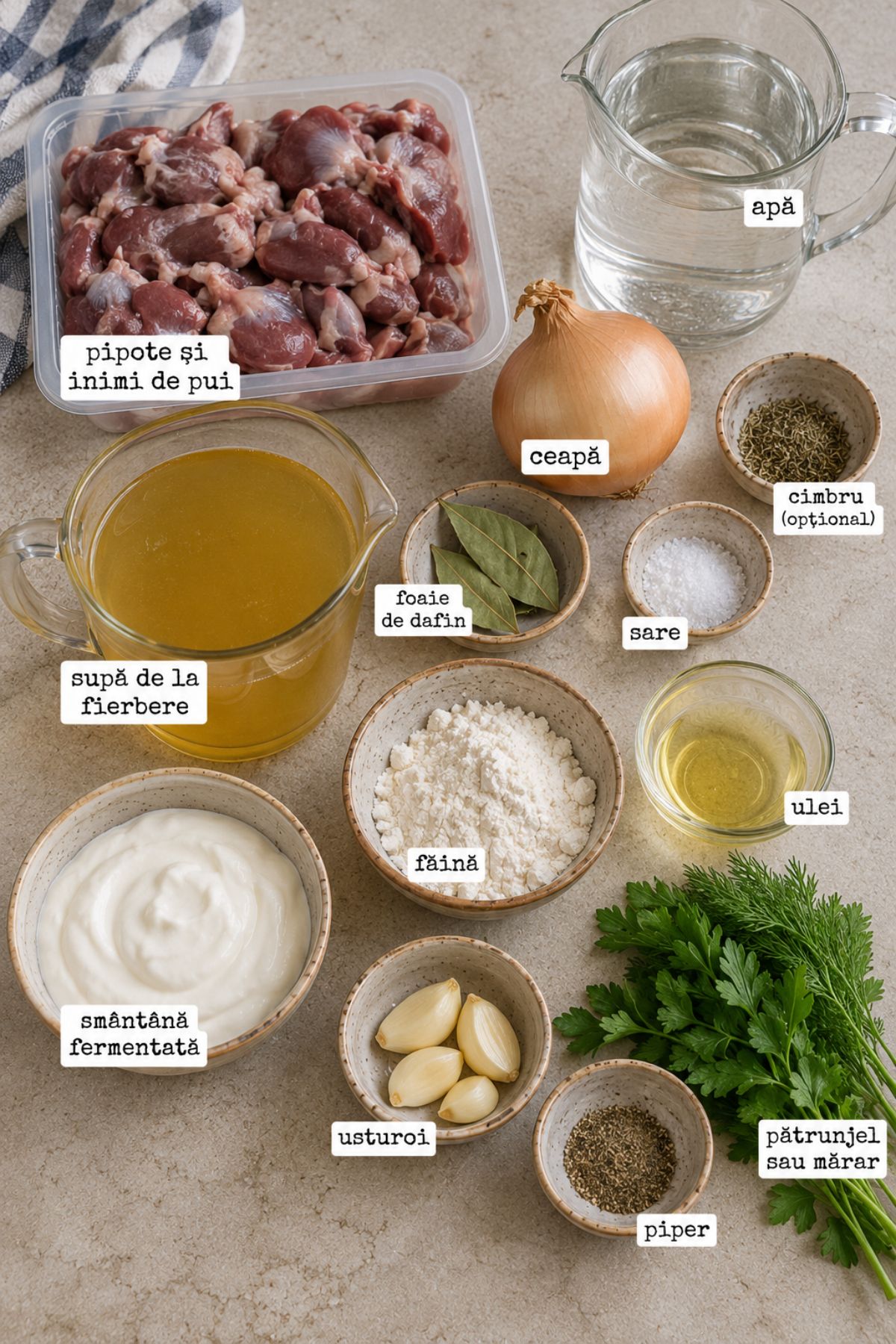 Ingrediente pentru ciulama de pipote și inimi de pui cu smântână: pipote, inimi, ceapă, usturoi, făină, smântână și condimente