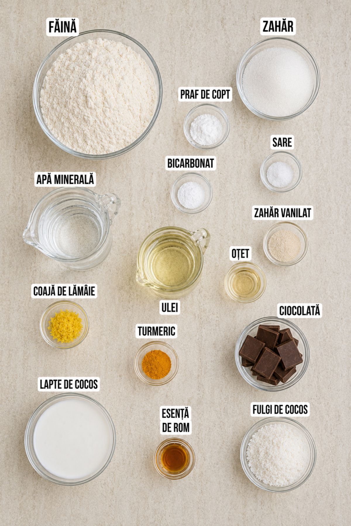 Ingrediente pentru prăjitură tăvălită de post: făină, zahăr, apă minerală, ulei, lămâie, vanilie, ciocolată, lapte de cocos și fulgi de cocos.