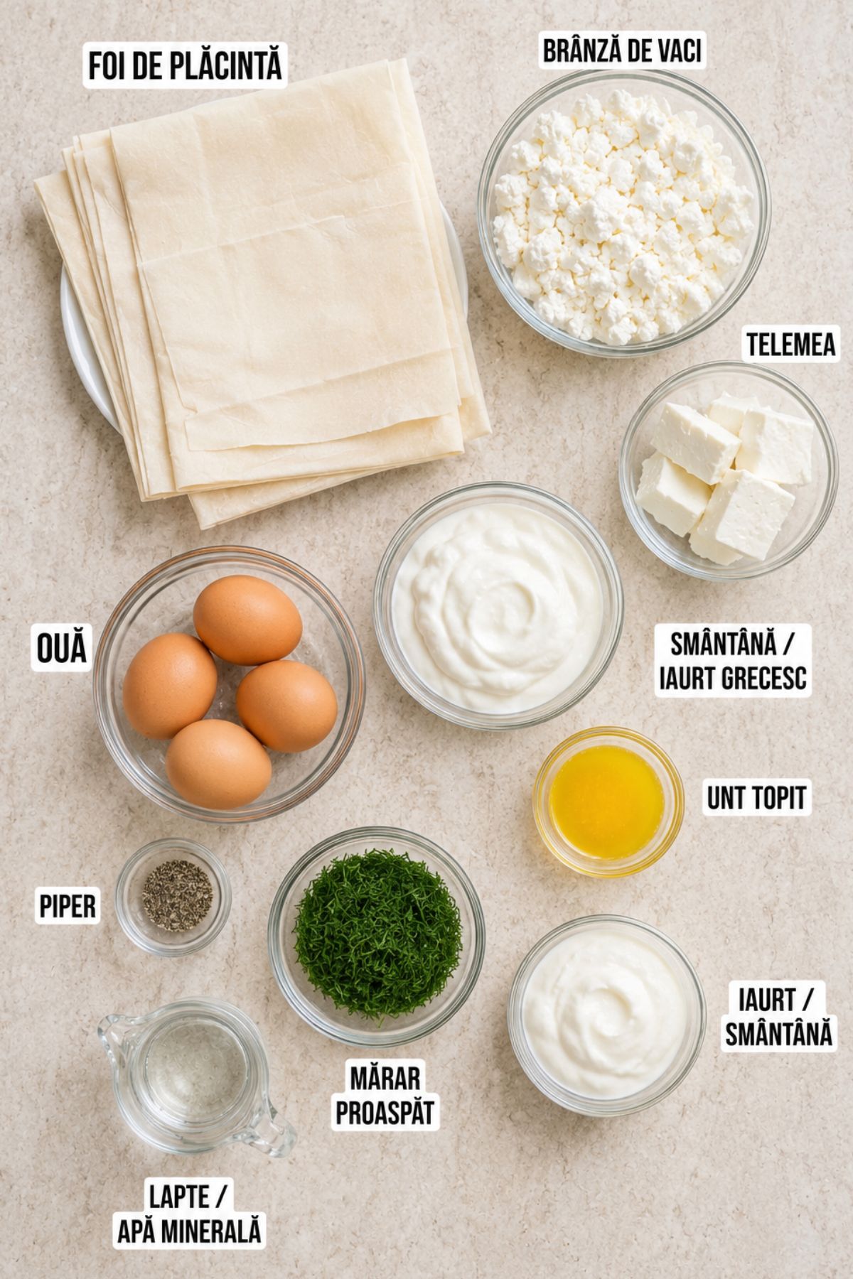 Ingrediente pentru plăcintă învârtită cu brânză de vaci și telemea, cu foi cumpărate, ouă, smântână, unt și mărar