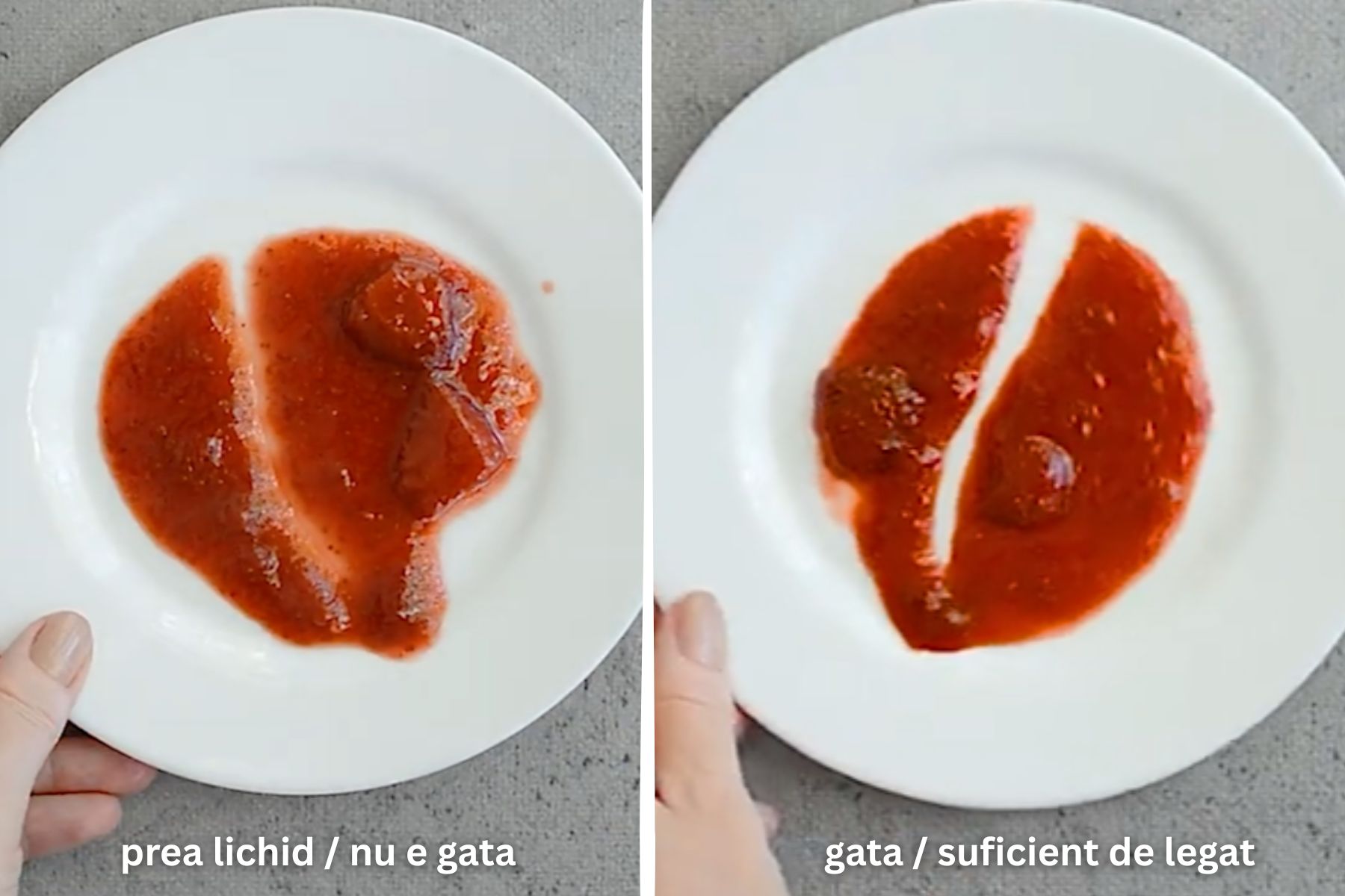 Testul pe farfurie pentru gem de capsuni: in stanga gemul este prea lichid si nu e gata, iar in dreapta este suficient de legat