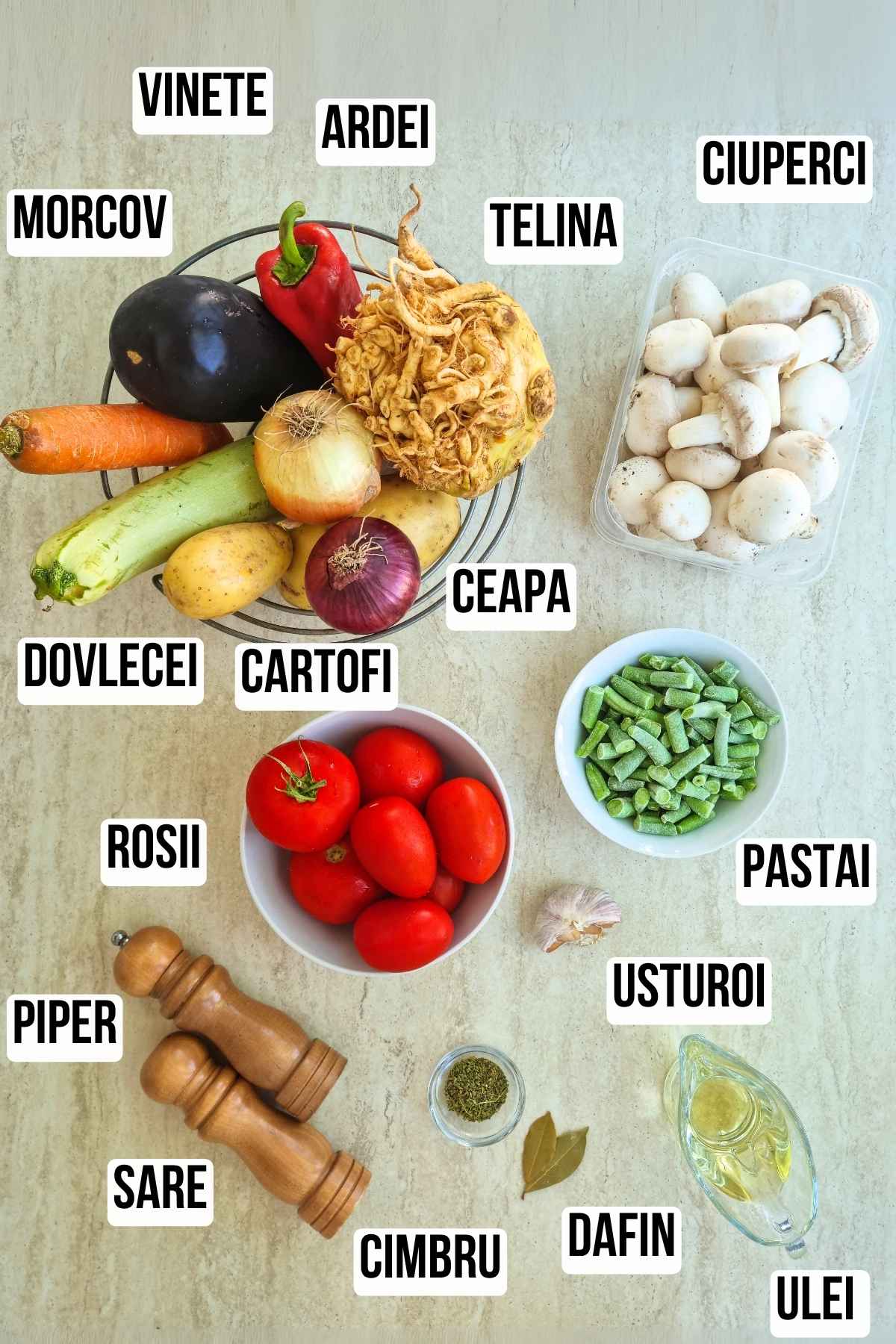 lista de ingrediente cu etichete pentru reteta de ghiveci de legume