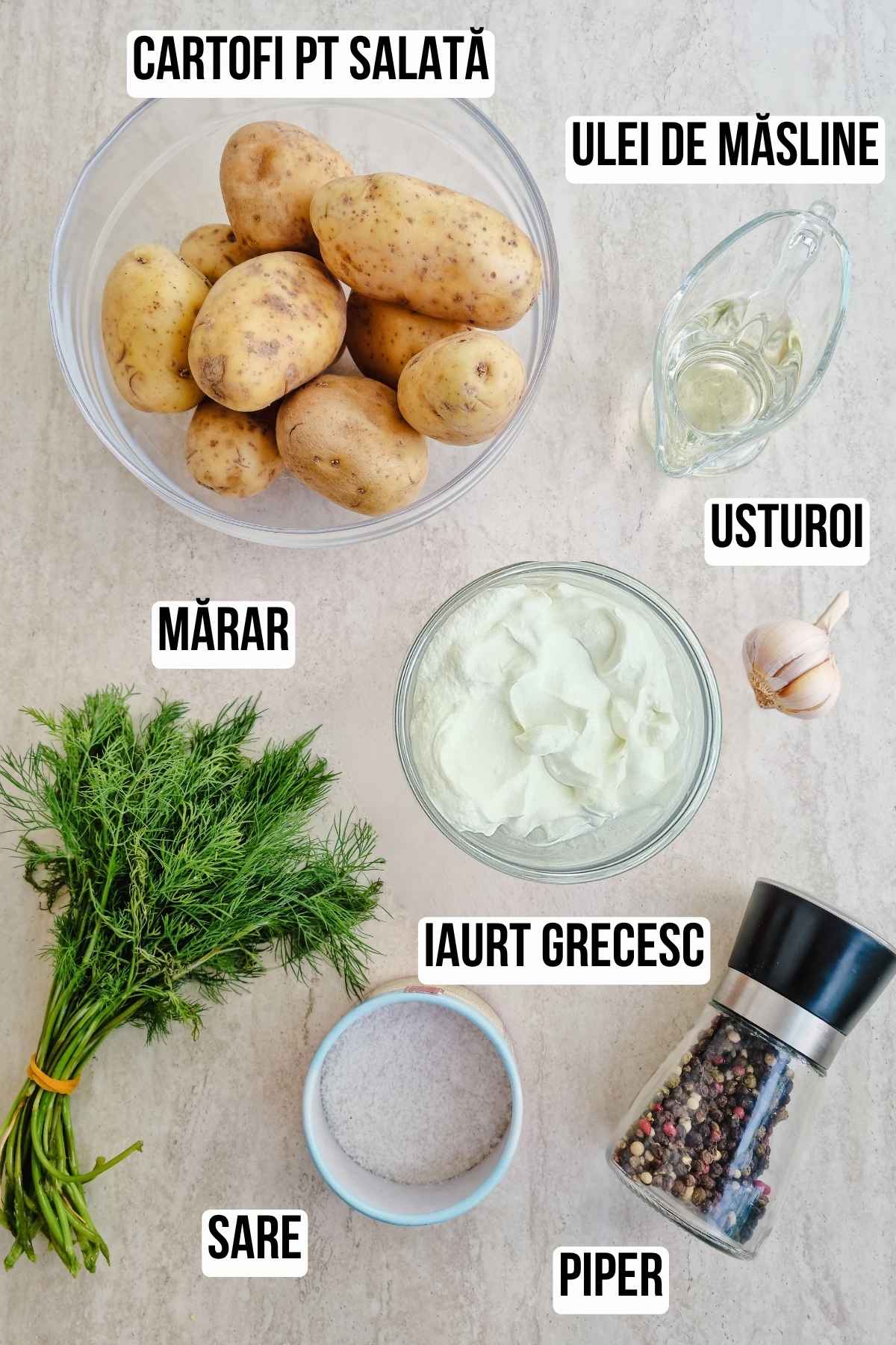 lista vizuala de ingrediente pentru salată de cartofi fierți cu iaurt și mărar