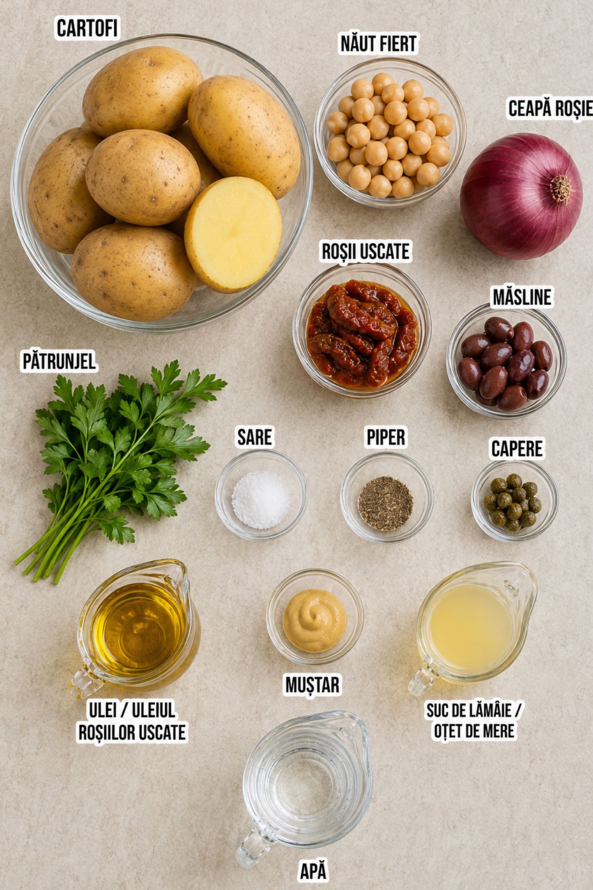 Ingrediente pentru salată orientală de post cu cartofi, năut, roșii uscate, capere, măsline și dressing de muștar