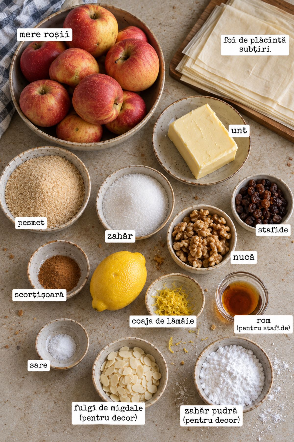 Toate ingredientele pentru ștrudel cu mere și foi subțiri: mere roșii, unt, pesmet, zahăr, nucă, stafide, scorțișoară, lămâie, rom și fulgi de migdale, prezentate cu etichete.