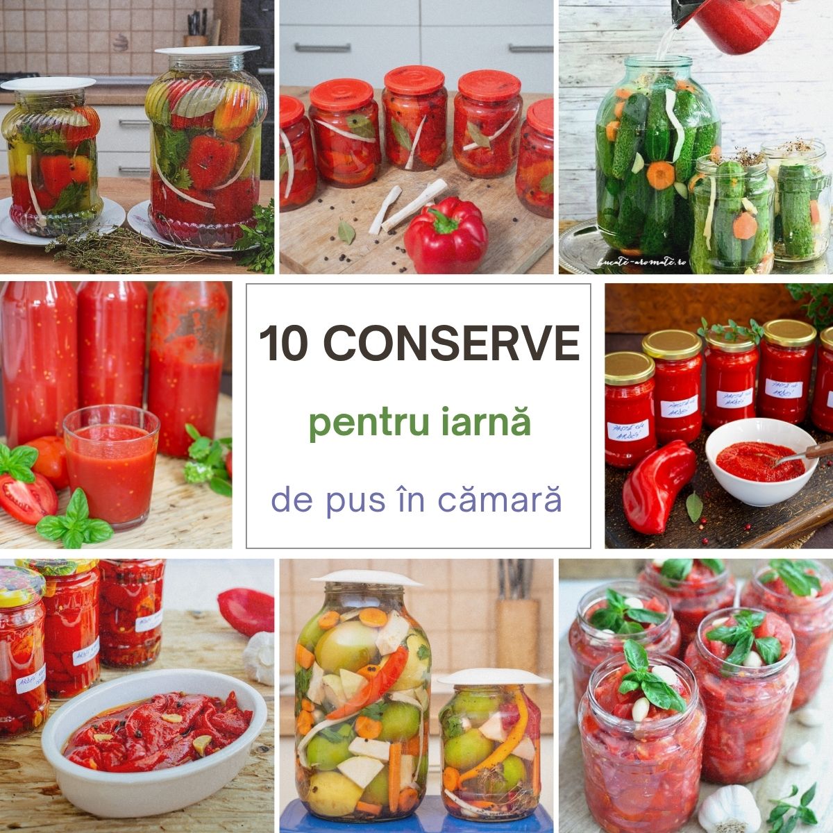 Colaj cu borcane de conserve pentru iarnă: roșii, ardei, castraveți murați și alte legume puse la păstrare