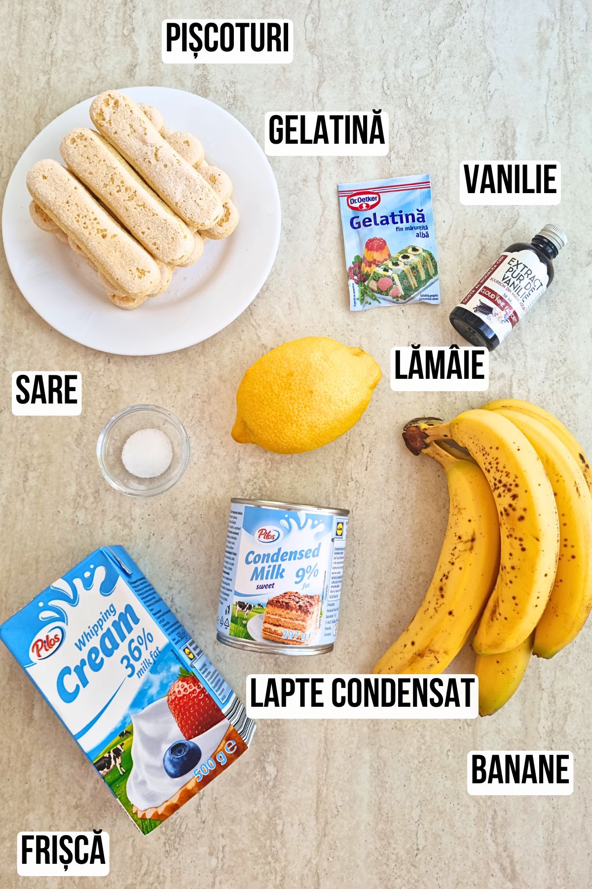 lista de ingrediente cu etichete pentru reteta de prajitura fara coacere cu lapte condensat si banane