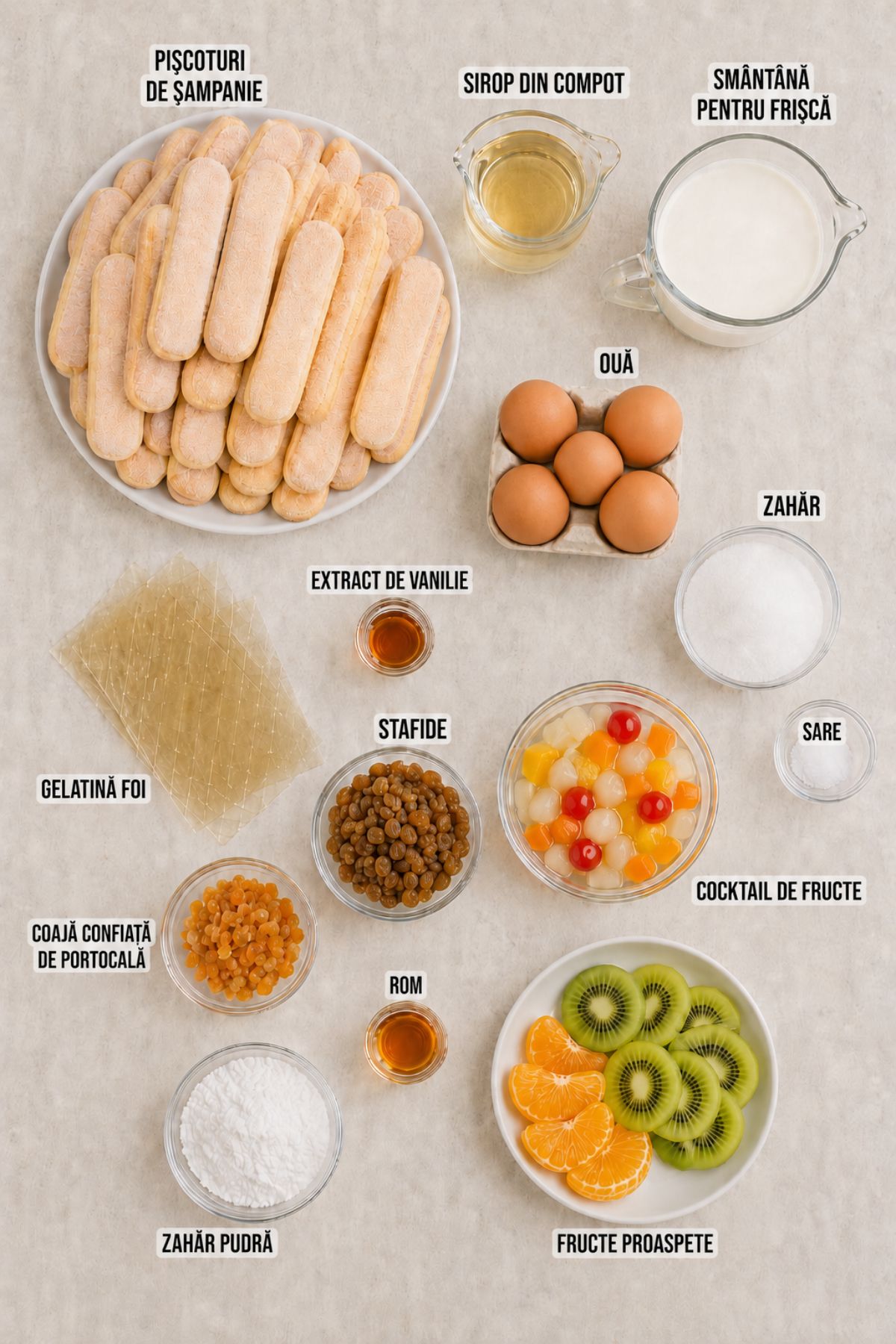 Ingrediente pentru tort Diplomat cu fructe și pișcoturi: pișcoturi de șampanie, frișcă naturală, ouă, gelatină, fructe din compot și fructe proaspete