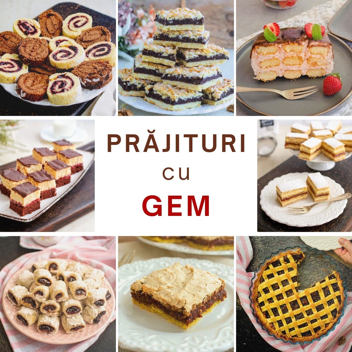 Colaj cu prăjituri de casă cu gem: rulade, prăjituri cu foi, tartă cu gem, cornulețe și deserturi cu cremă