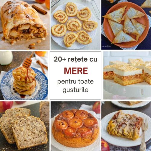 Colaj cu rețete cu mere: ștrudel, ruladă, trigoane, pancakes, prăjituri, chec și tort de mere