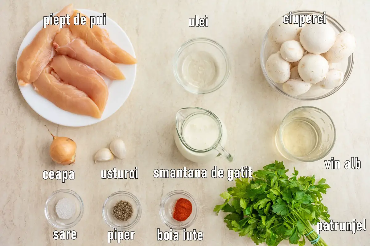 Ingrediente reteta piept de pui cu ciuperci si sos alb