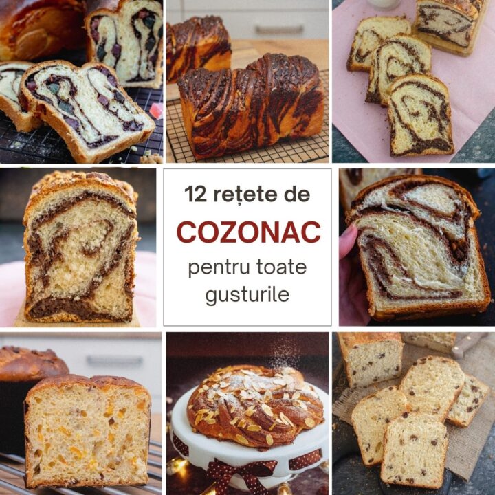 Colaj cu 12 rețete de cozonac pentru toate gusturile, cu variante clasice, cu nucă, ciocolată, fructe și forme festive.