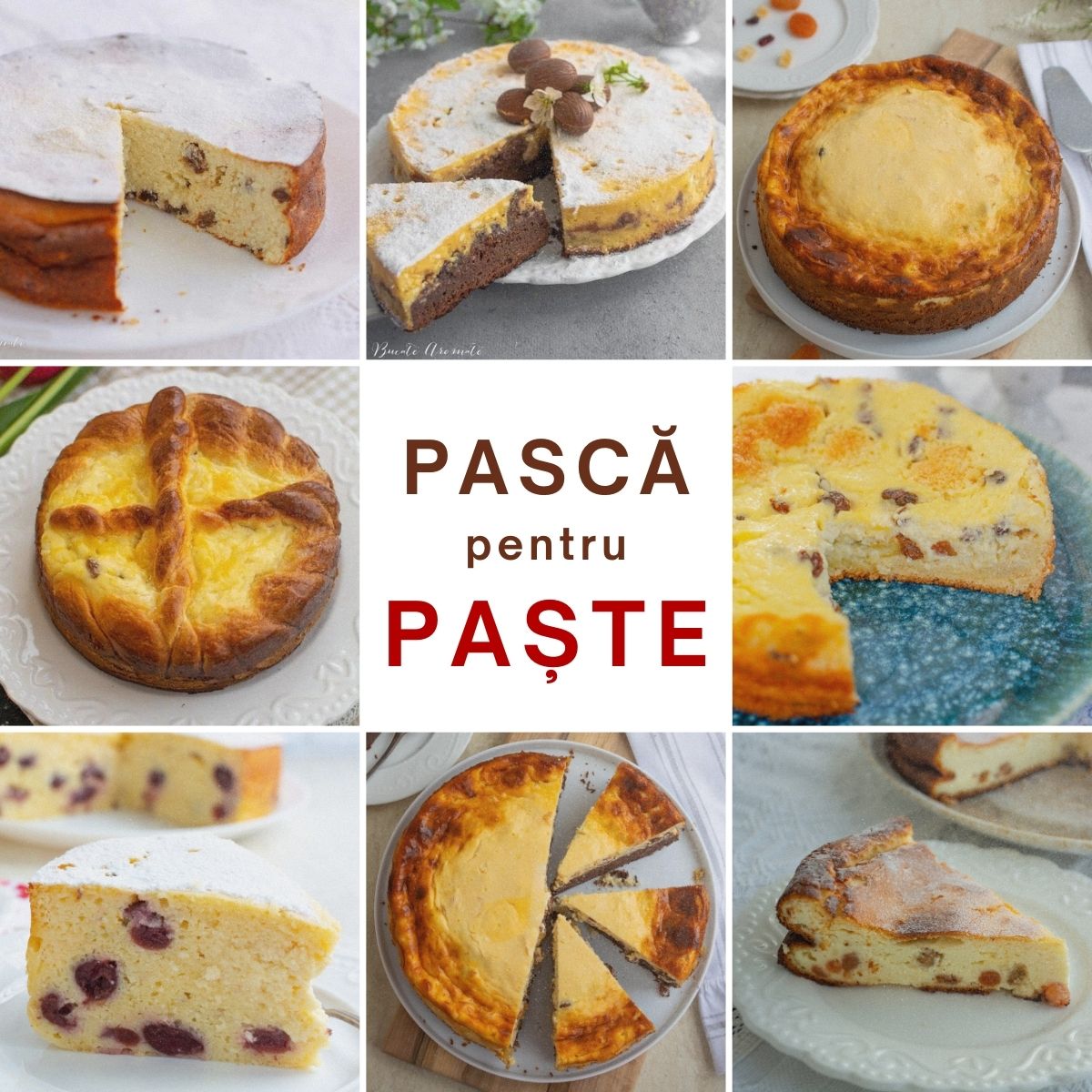 Colaj promoțional cu imagini ale mai multor tipuri de pască pentru Paște și text central „Rețete de pască pentru Paște”.
