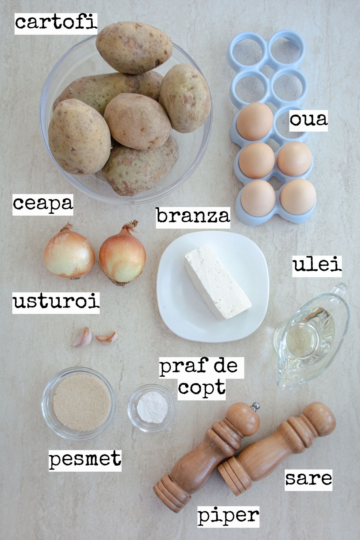 ingrediente cu etichete pentru reteta de budinca de cartofi