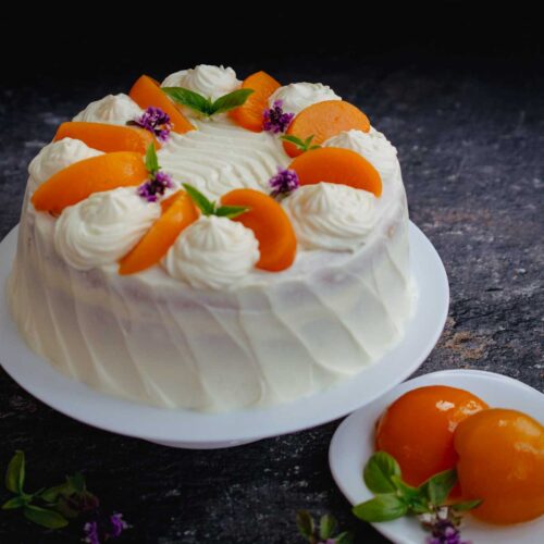 Tort Paradis cu cremă de brânză (urdă) și fructe din compot