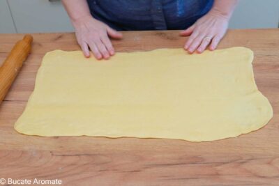 Aluatul de Babka după dospirea la rece, crescut și împărțit în două părți egale intinse in dreptunghi