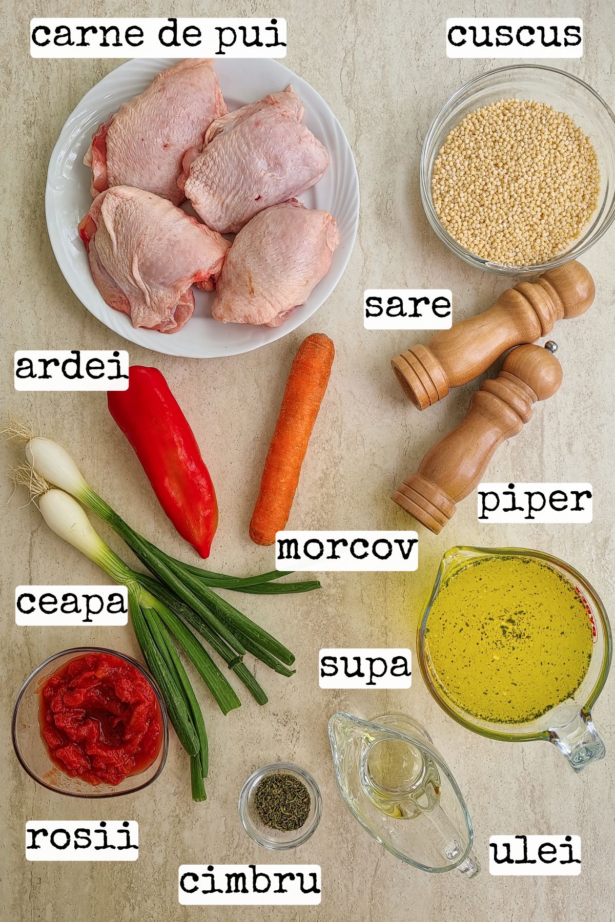 ingrediente listate cu etichete pentru reteta de cuscus cu carne de pui si legume Bucate Aromate