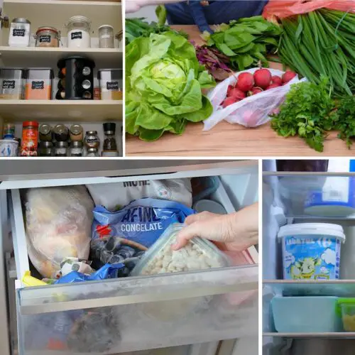 Provizii pentru gătit rapid: ingrediente de bază din cămară, congelator, frigider și verdețuri proaspete.