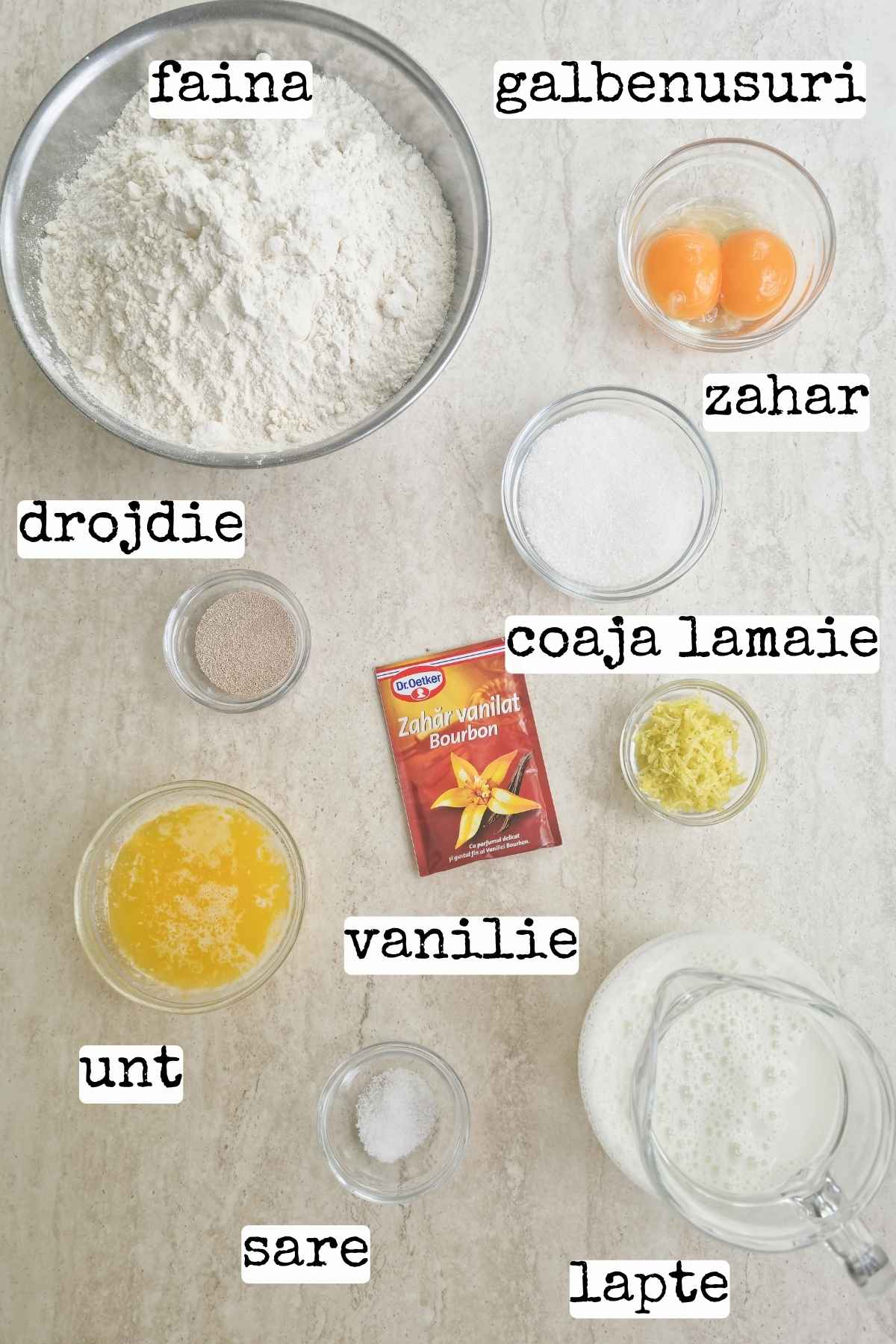 Ingrediente pentru reteta gogosi moi si pufoase cu drojdie uscata, faina, oua, lapte și unt.