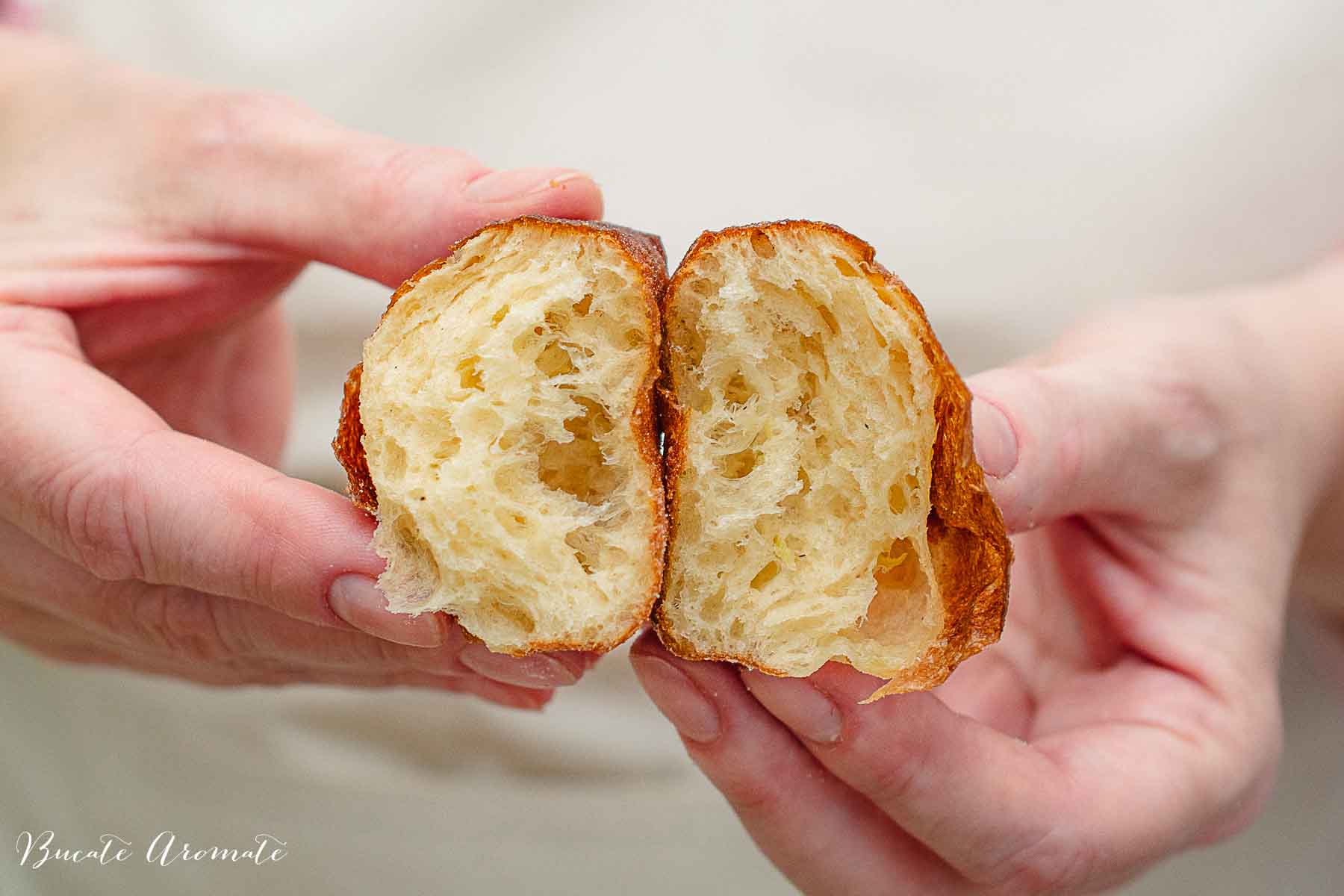 Gogoașă prăjită ruptă în două cu alveole vizibile mari și miez moale și pufos