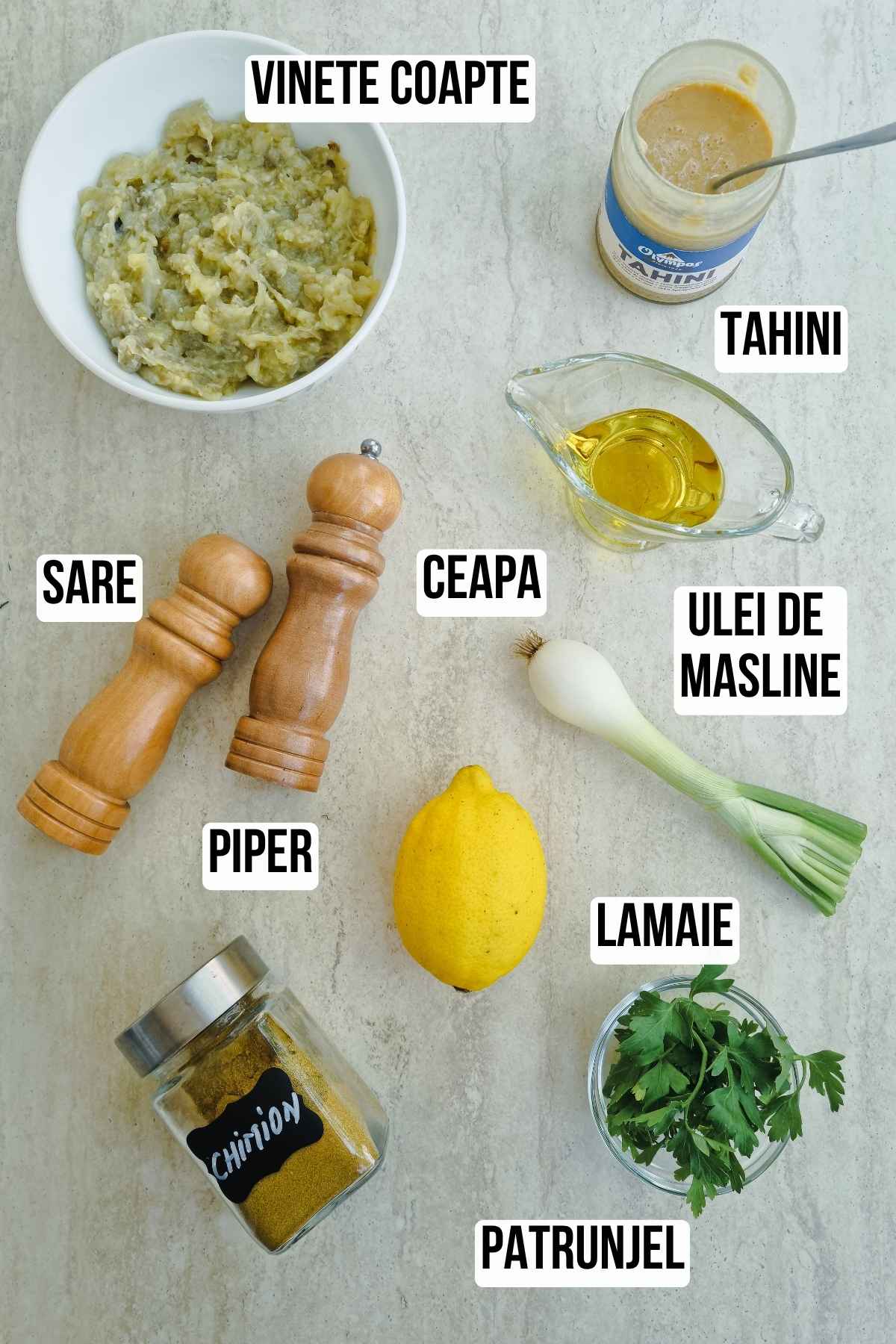 lista vizuala ingrediente salata de vinete cu tahini 