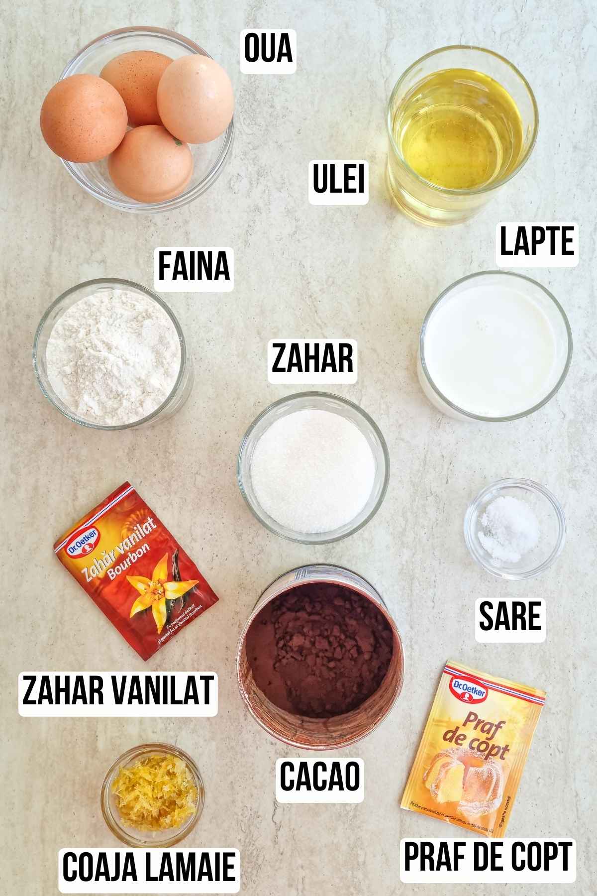 lista vizuala de ingrediente cu etichete pentru reteta de chec zebra cu lapte si cacao