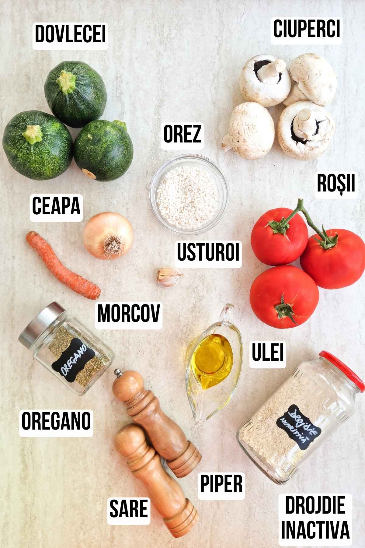 lista vizuala de ingrediente cu etichete pentru reteta de dovlecei umpluti de post cu orez si ciuperci