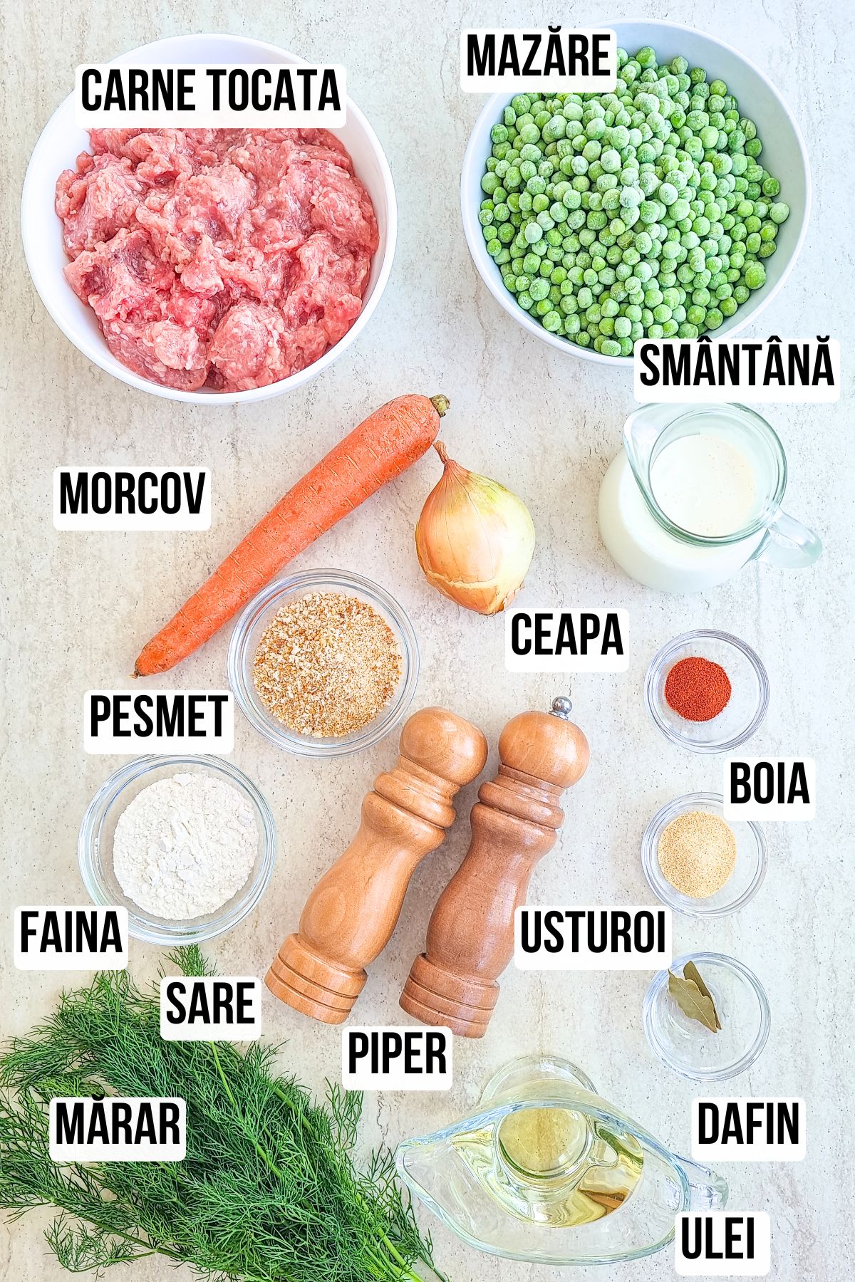 lista vizuala de ingrediente cu etichete pentru reteta de mazare cu smantana si chiftelute de pui
