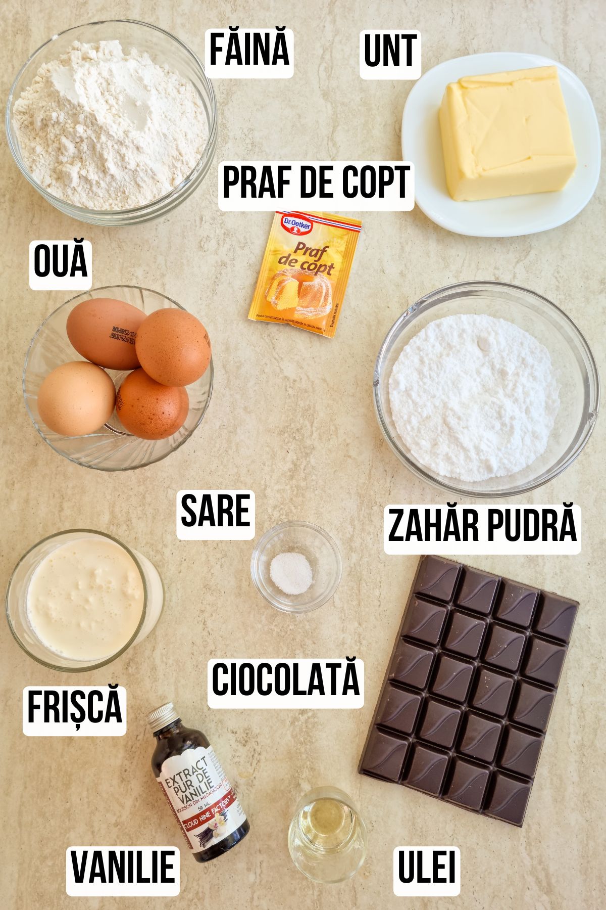 Lista de ingrediente cu etichete pentru reteta de paleuri cu ciocolata