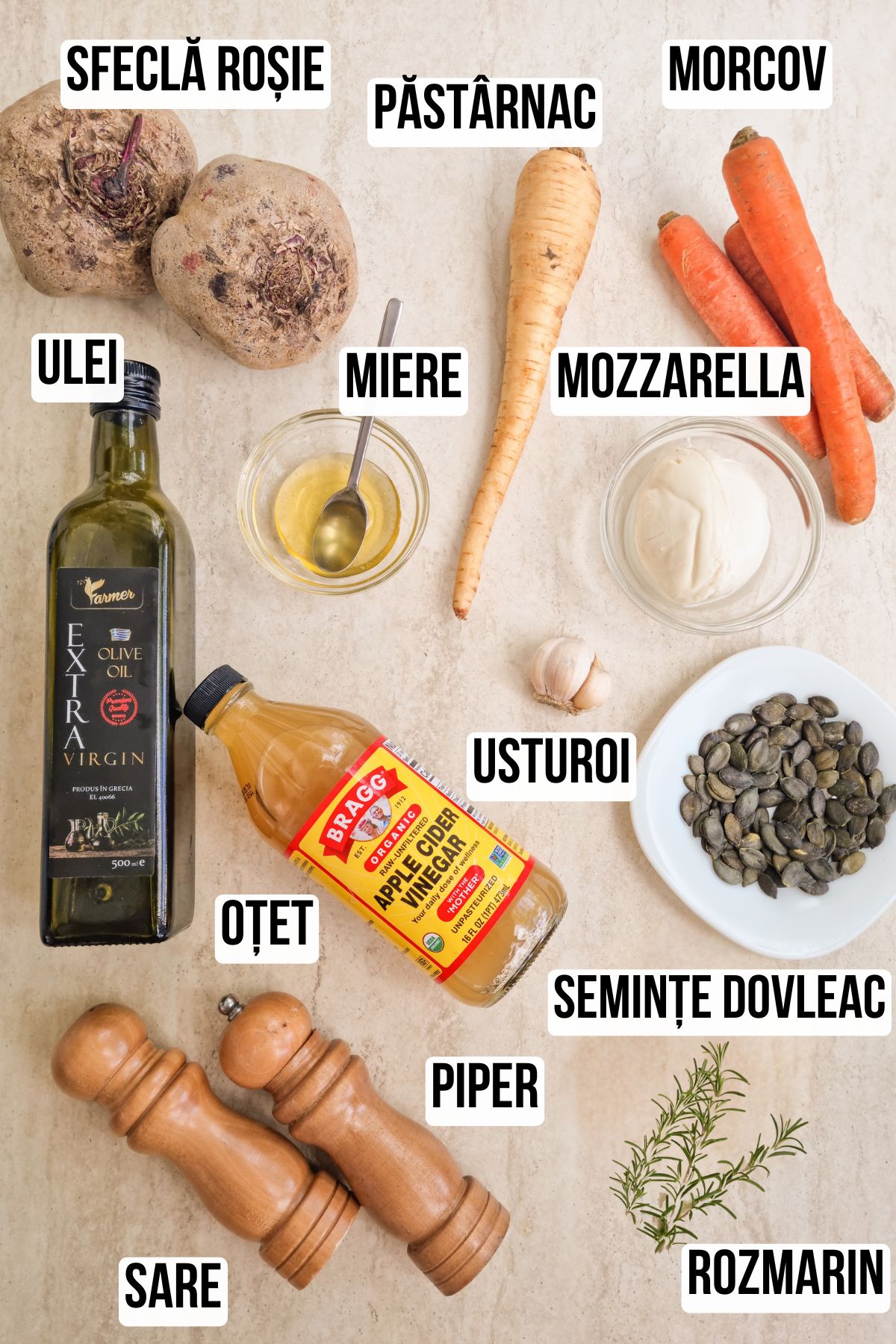 Lista ingrediente cu etichete reteta salata de sfecla rosie cu morcov, pastarnat si mozzarella