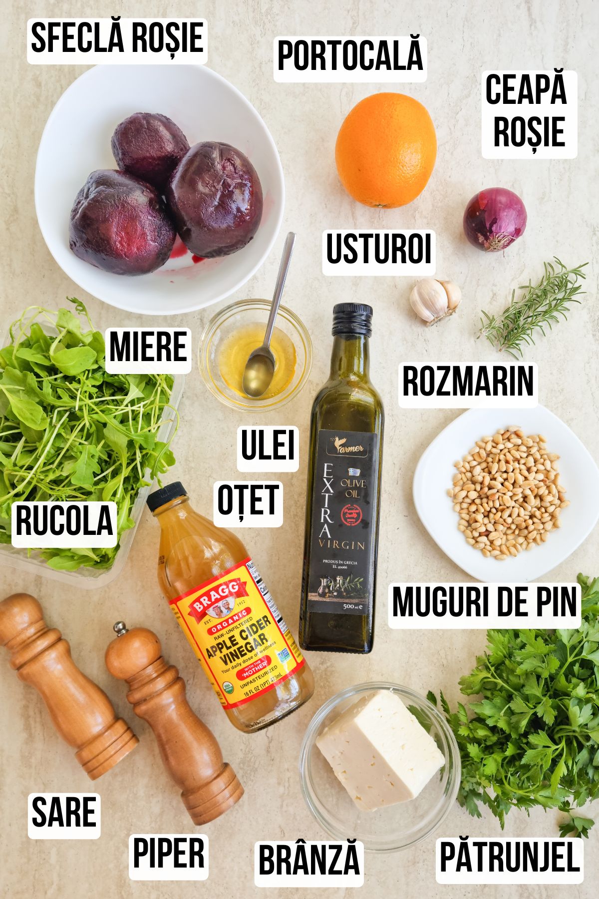 Lista ingrediente cu etichete reteta salata de sfecla rosie cu portocala, rucola si branza