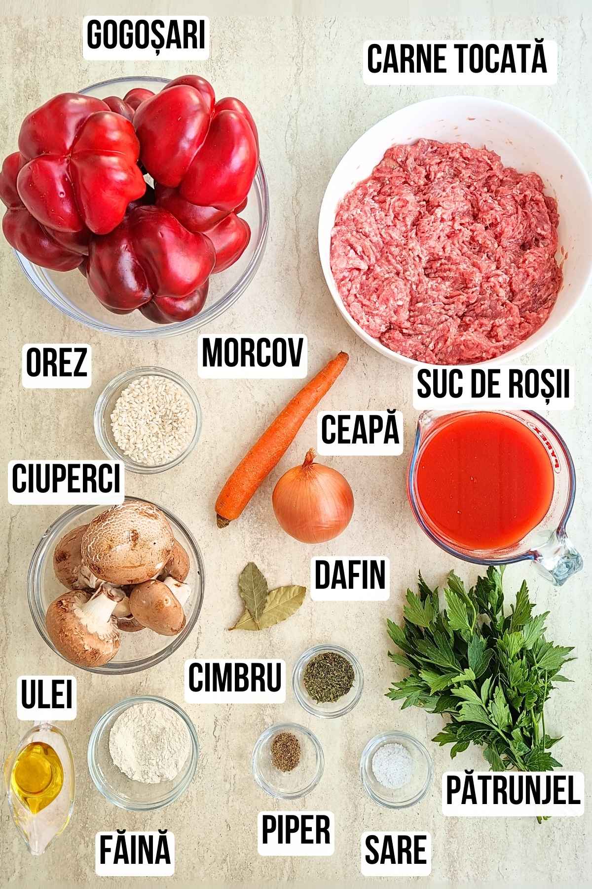 Listă de ingrediente cu etichete pentru reteta de gogosari umpluti cu carne de pui, ciuperci si orez