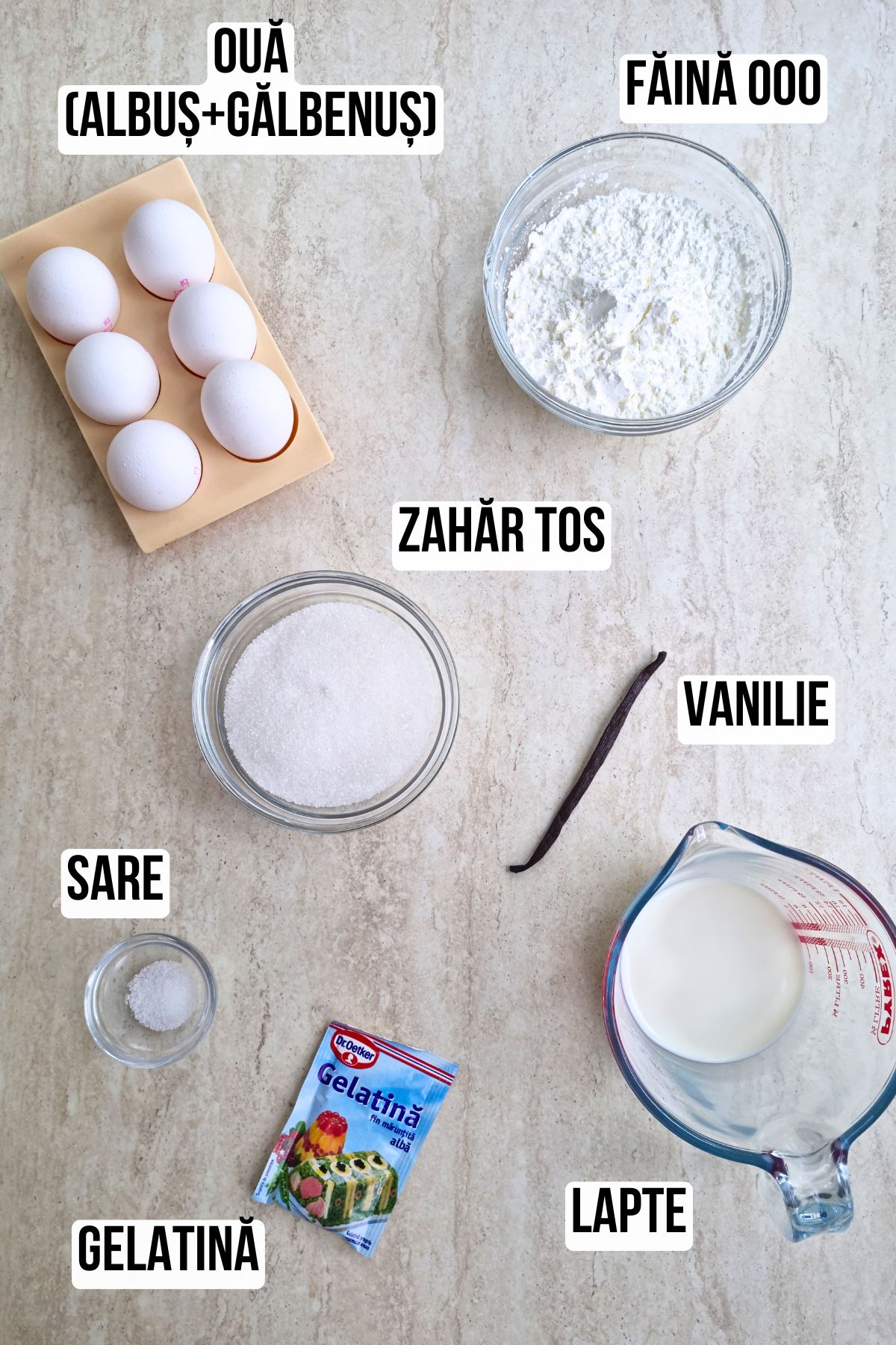 Ingrediente listate cu etichete pentru crema de vanilie cu albusuri folosita la reteta de cremsnit de casa