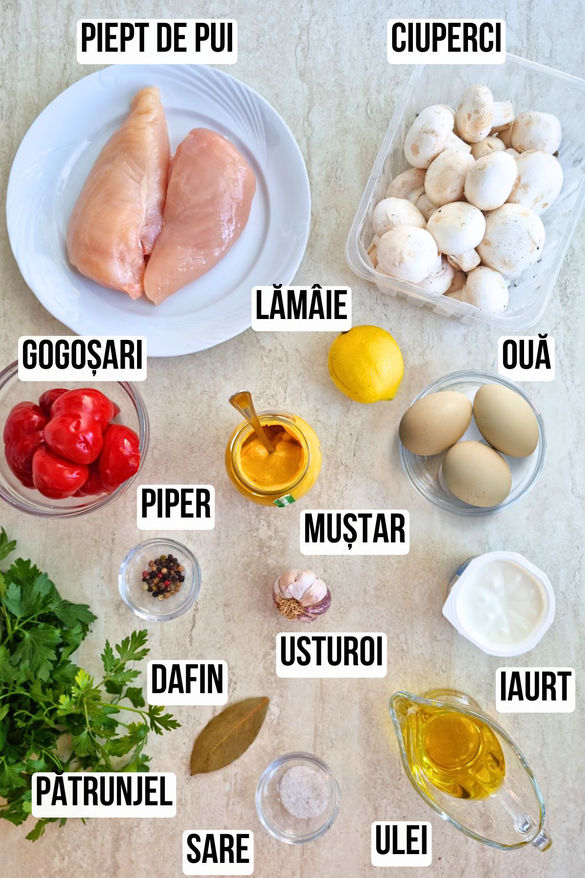 Lista de ingrediente cu etichete pentru salata cu piept de pui si ciuperci