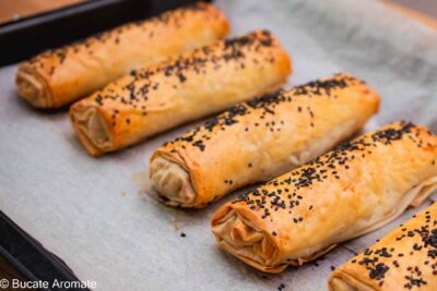 Plăcinte cu pui, ciuperci și cașcaval coapte în tavă, rumenite și presărate cu semințe de susan negru