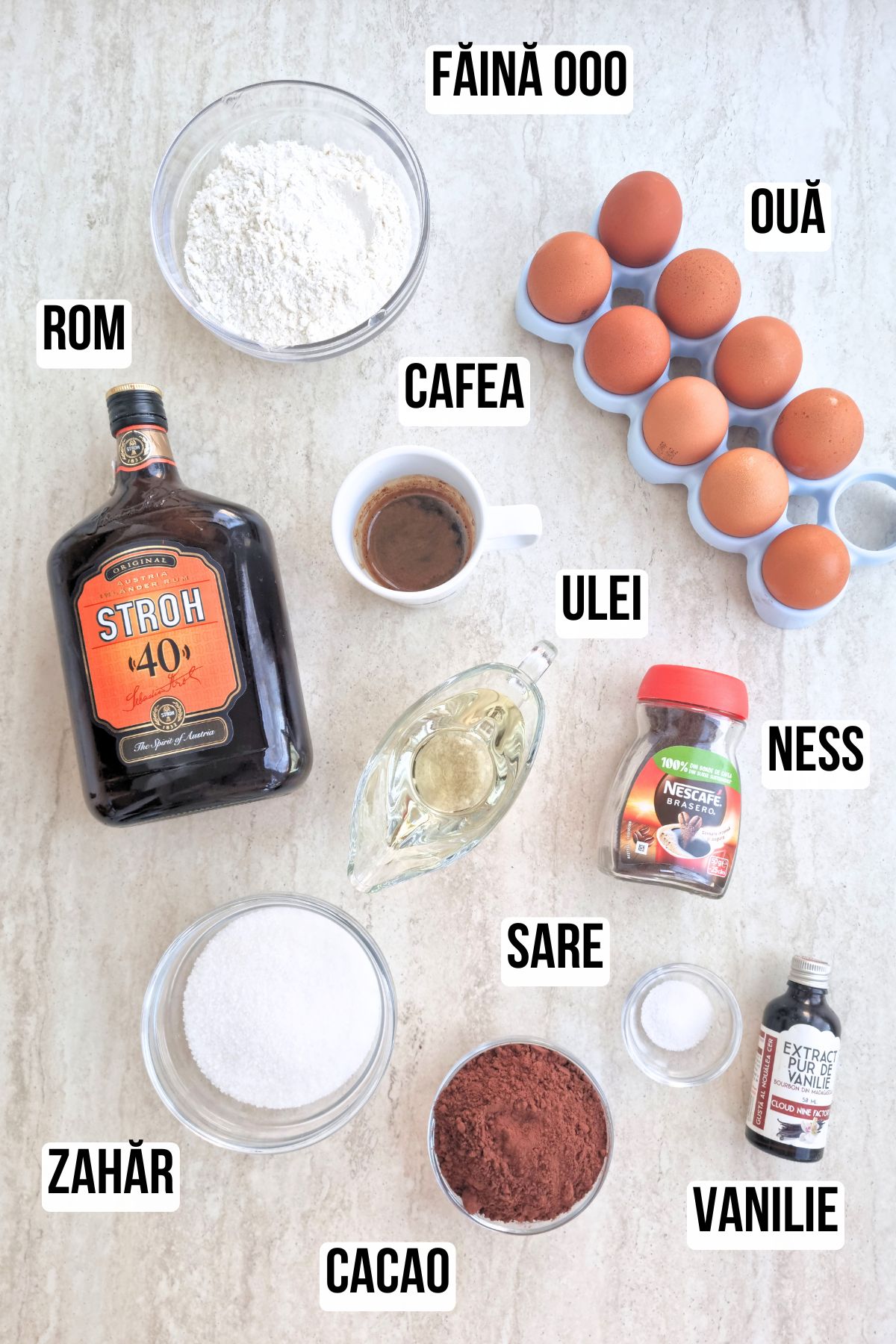 ingrediente pentru blat cu cacao si sirop cu rom - reteta de Amandine Bucate Aromate