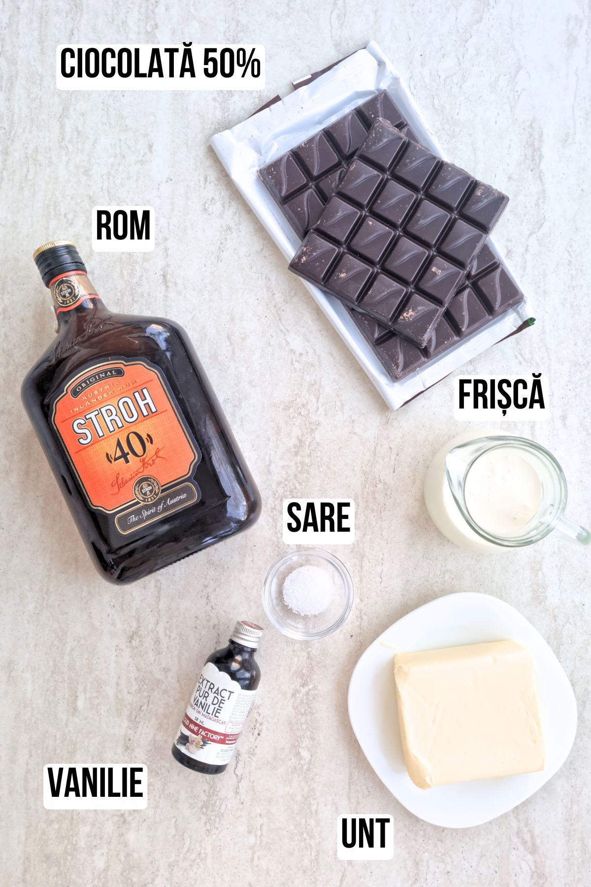 Ingrediente cu etichete pentru crema si glazura - reteta de Amandine cu ciocolata Bucate Aromate