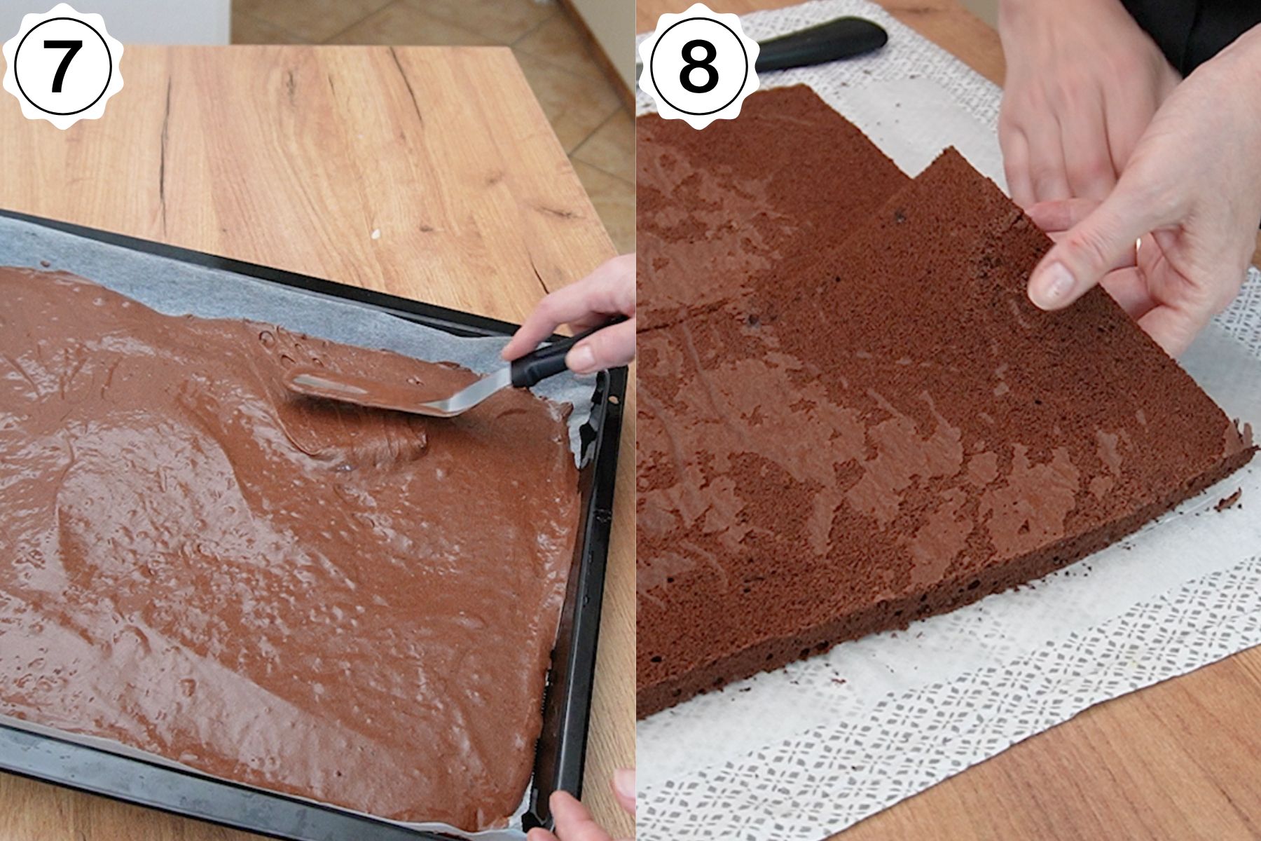 Compoziția de blat întinsă într-o tavă și felierea acestuia în două foi egale