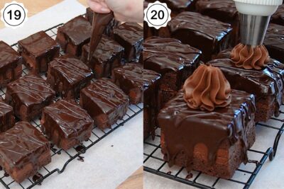 Fiecare amandină este decorată cu un moț generos de cremă și un bombon rotund