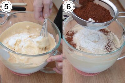 Se adaugă făina, cacao și amidonul în compoziția de blat de pandișpan pentru amandine