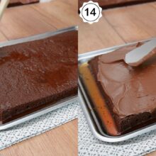 Blatul de cacao bine însiropat cu sirop de rom și acoperit cu cremă de ciocolată