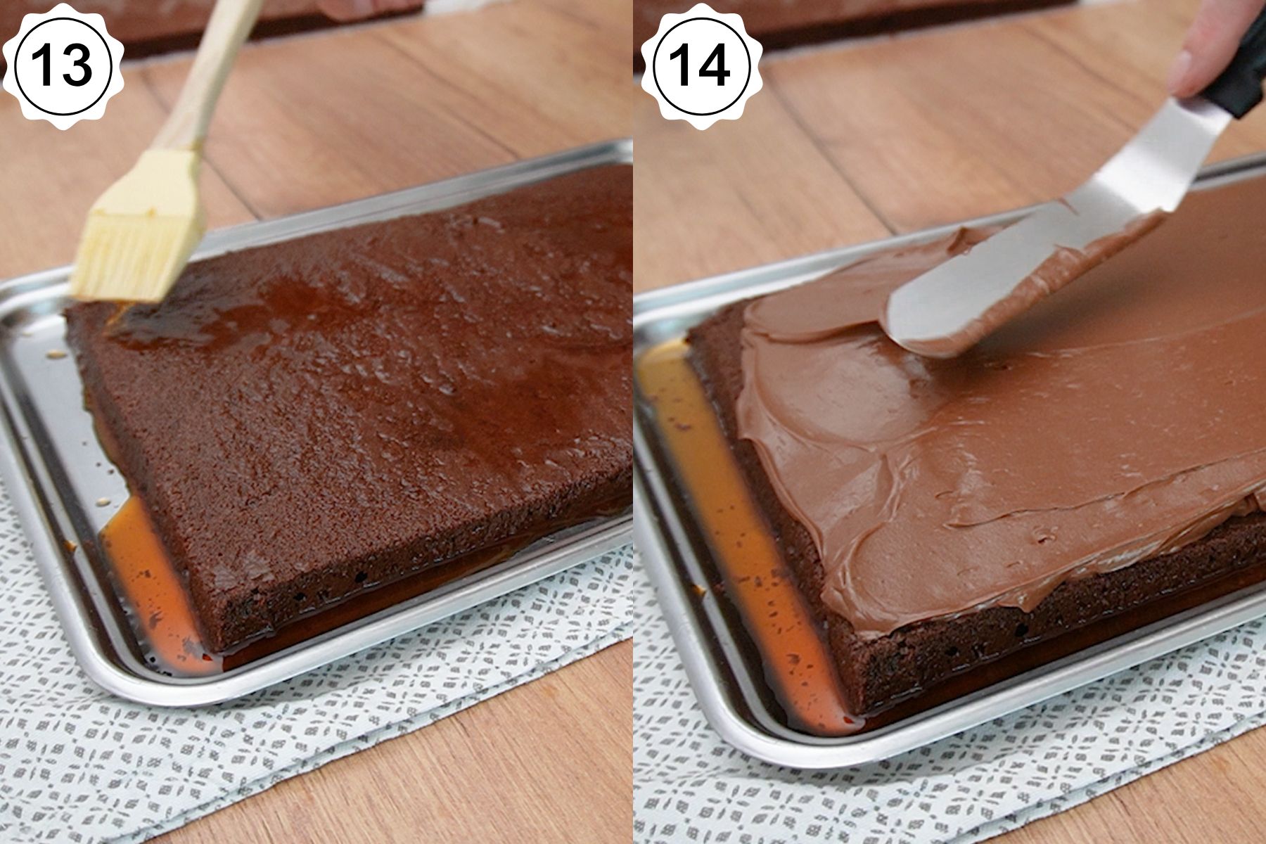 Blatul de cacao bine însiropat cu sirop de rom și acoperit cu cremă de ciocolată