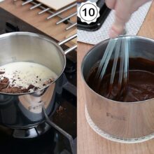 Smântână dulce încălzită cu ciocolată pentru obținerea unui ganache fin, lucios