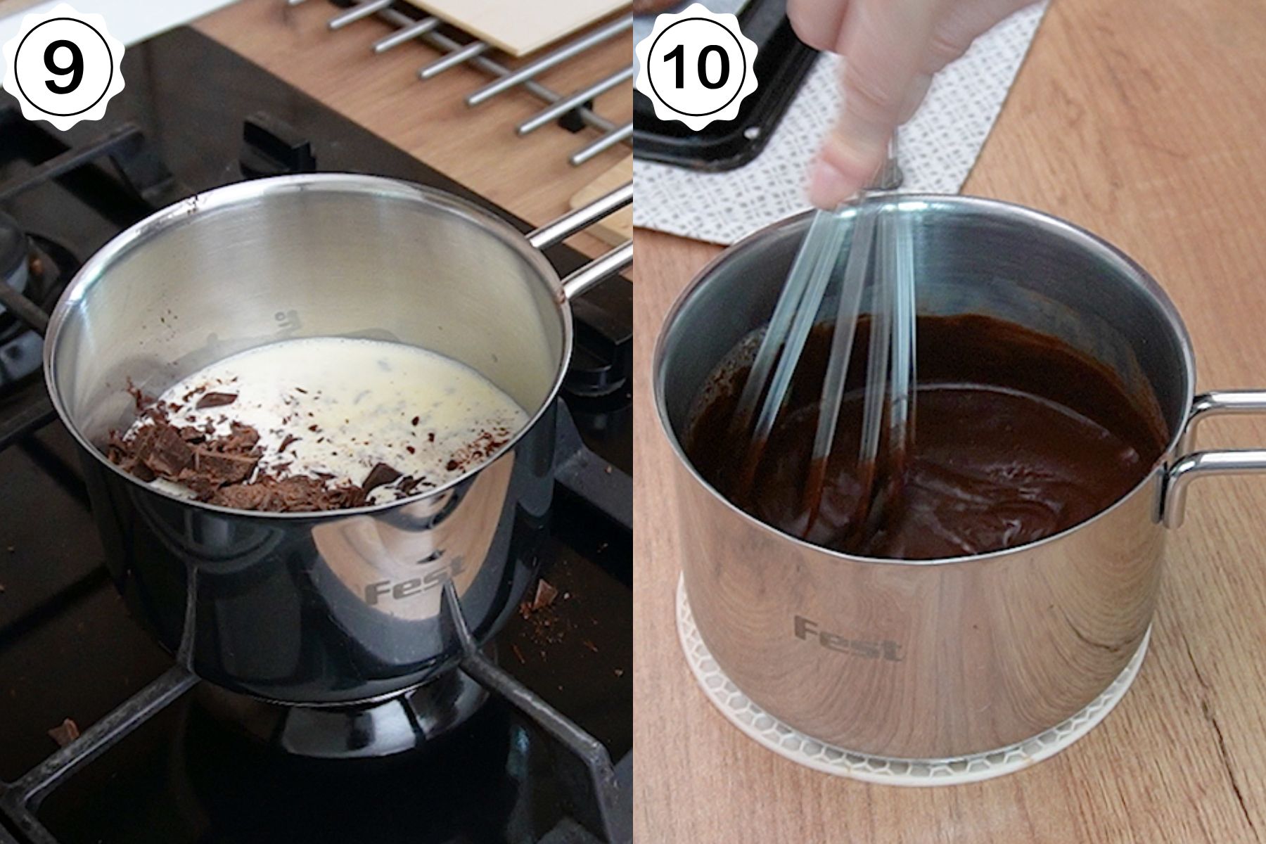 Smântână dulce încălzită cu ciocolată pentru obținerea unui ganache fin, lucios