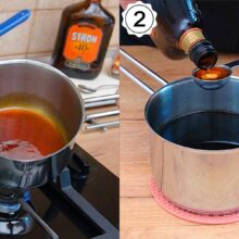 Sirop de zahăr caramelizat la foc mic, aromat cu rom pentru însiroparea blatului de amandine