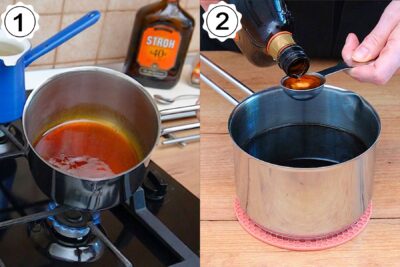 Sirop de zahăr caramelizat la foc mic, aromat cu rom pentru însiroparea blatului de amandine