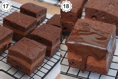 Prăjitura tăiată în bucăți egale și glazurată cu ciocolată topită