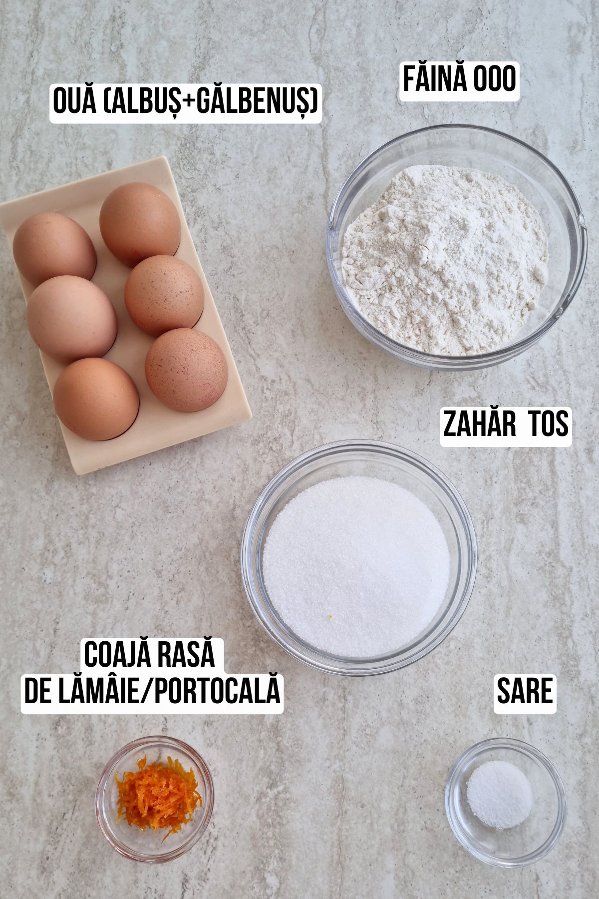 Ouă, făină tip 000, zahăr, sare și coji de citrice – ingredientele pentru un blat pufos, perfect pentru prăjitura Diplomat