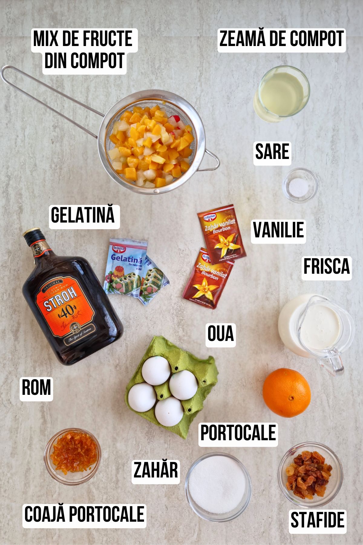 Mix de fructe exotice din compot, gelatină, frișcă naturală, ouă și rom – baza pentru o cremă Diplomat stabilă și aromată