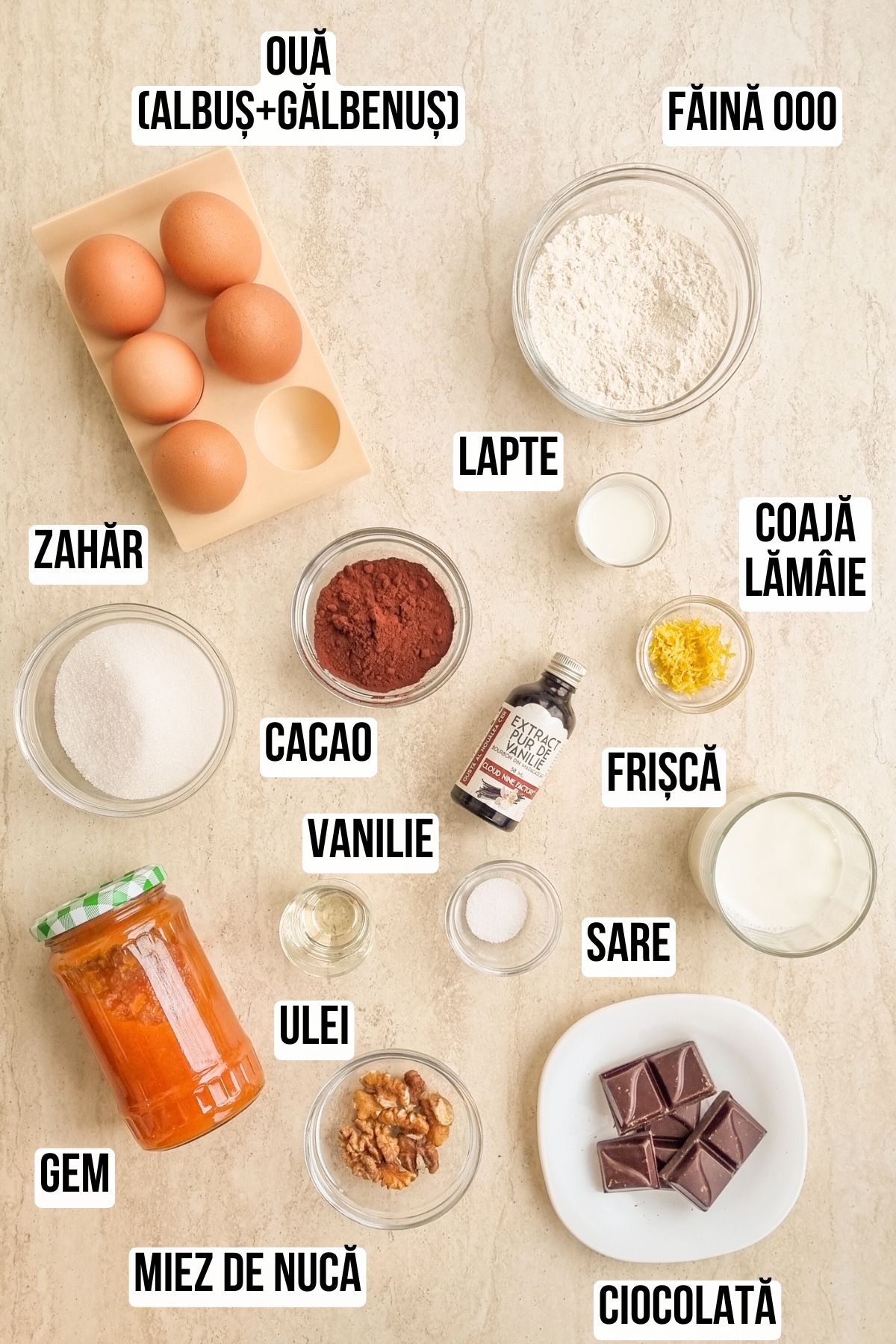 Ingrediente pentru prăjitura Zi și Noapte: ouă, zahăr, făină 000, cacao, lapte, ulei, gem, nucă, ciocolată și frișcă